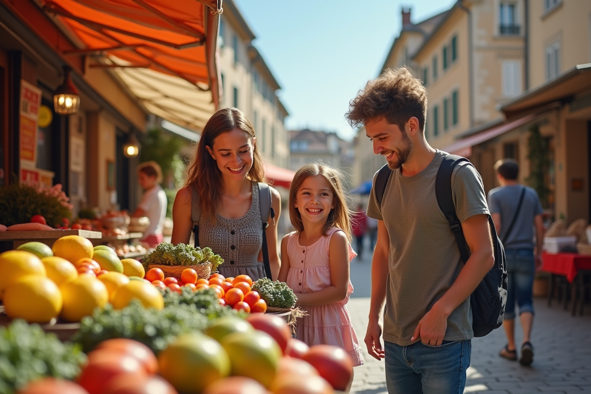 Famille heureuse faisant ses courses au marché français en plein air