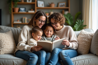 Famille avec deux mères et deux enfants dans un salon lumineux