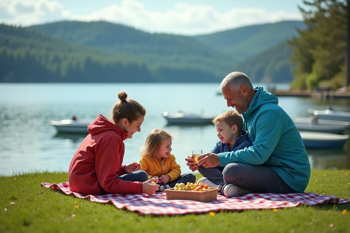 Famille profitant d un pique nique au bord du lac