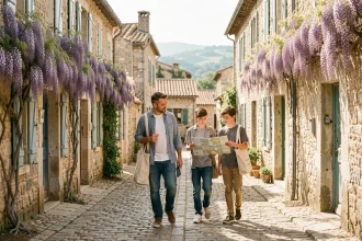 Famille en promenade dans un village provençal fleuri pendant le week-end de Pentecôte 2026