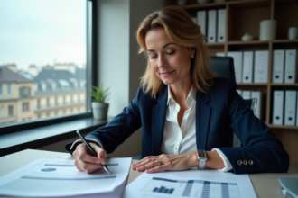 Femme d'affaires française examinant des documents financiers