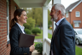 Femme d'affaires discutant avec un homme devant une maison