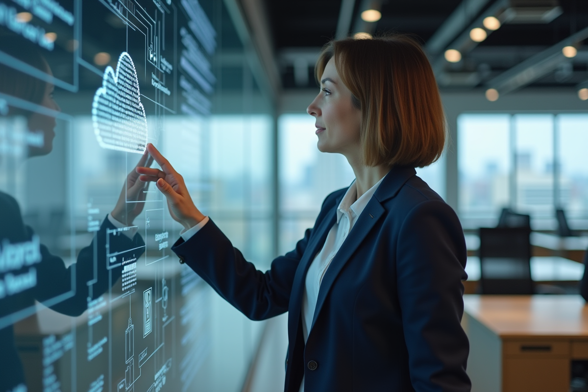 Femme d'affaires en costume navy pointant un diagramme cloud