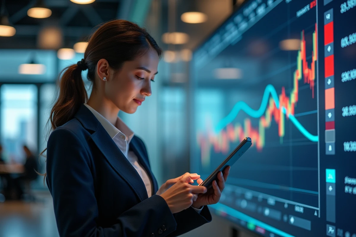 Jeune femme professionnelle consulte une tablette en bourse