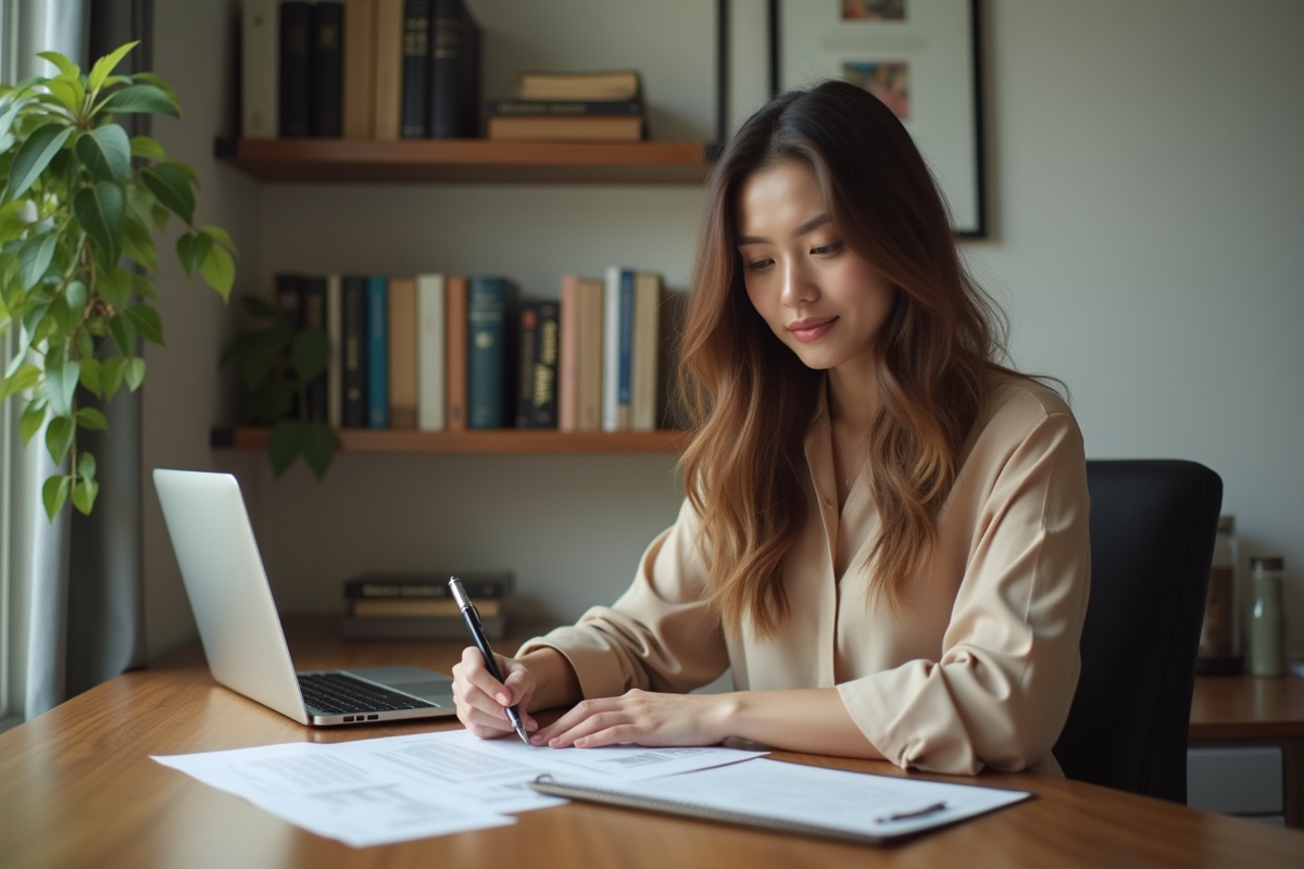 Femme au bureau à domicile annotant un rapport
