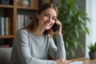 Femme utilisant un smartphone pour passer un appel avec l'indicatif 30 depuis son bureau à domicile