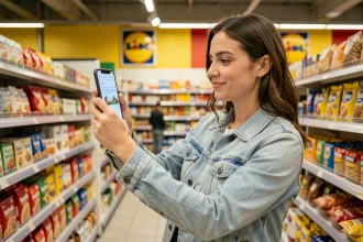 Femme utilisant l'application Lidl sur smartphone dans un rayon du supermarché
