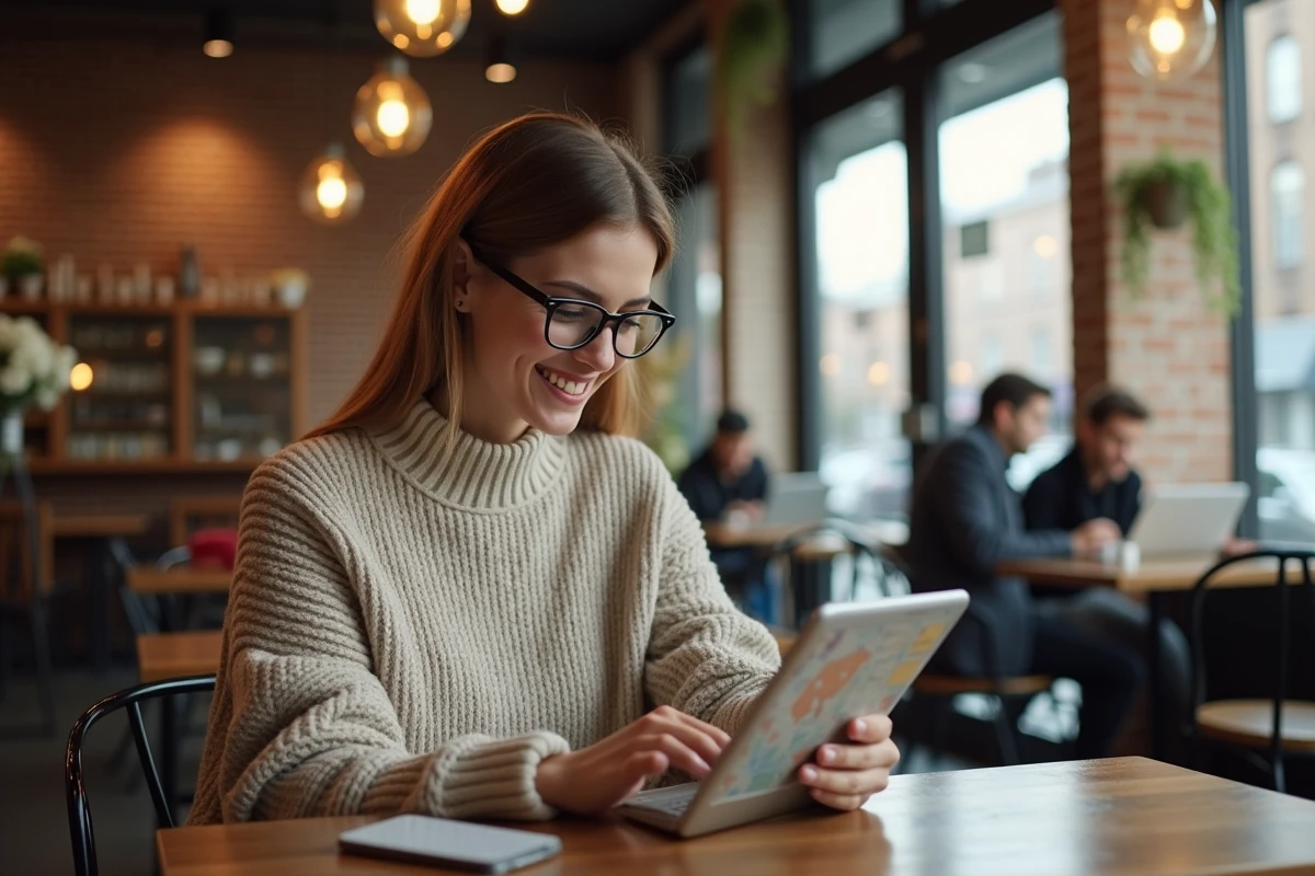 Femme utilisant une tablette dans un café urbain lumineux