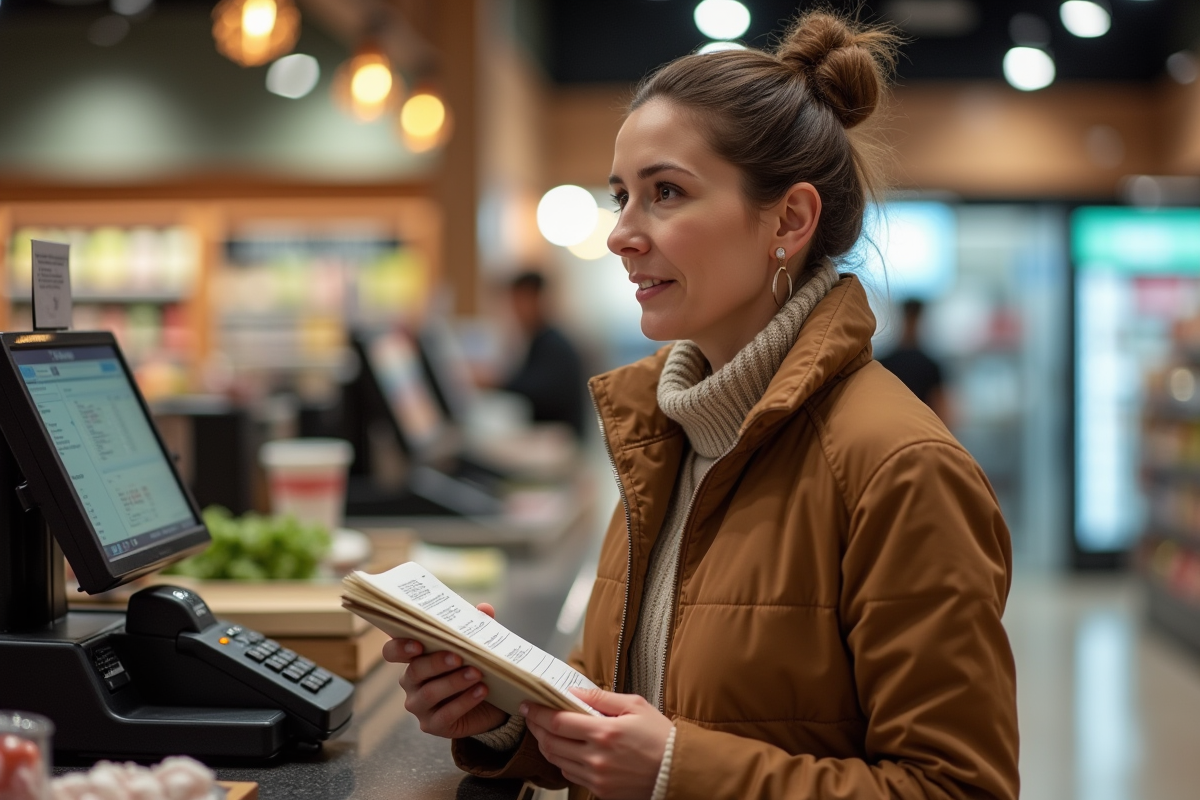 Femme d'âge moyen à la caisse d'un supermarché en automne
