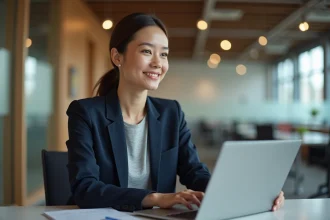 Femme sereine au bureau répondant avec calme à un message hypocrite sur son ordinateur portable