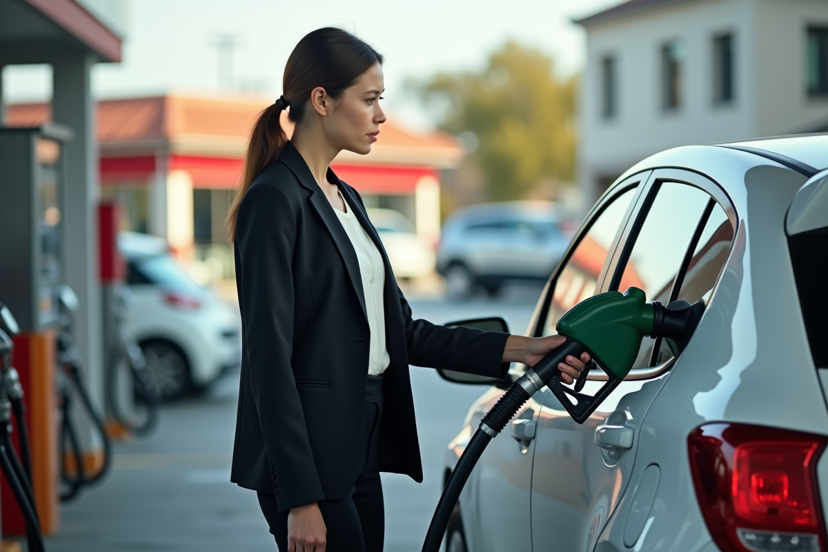 Jeune femme en costume faisant le plein d
