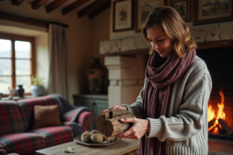 Femme d'âge moyen arrangeant du bois dans une maison normande