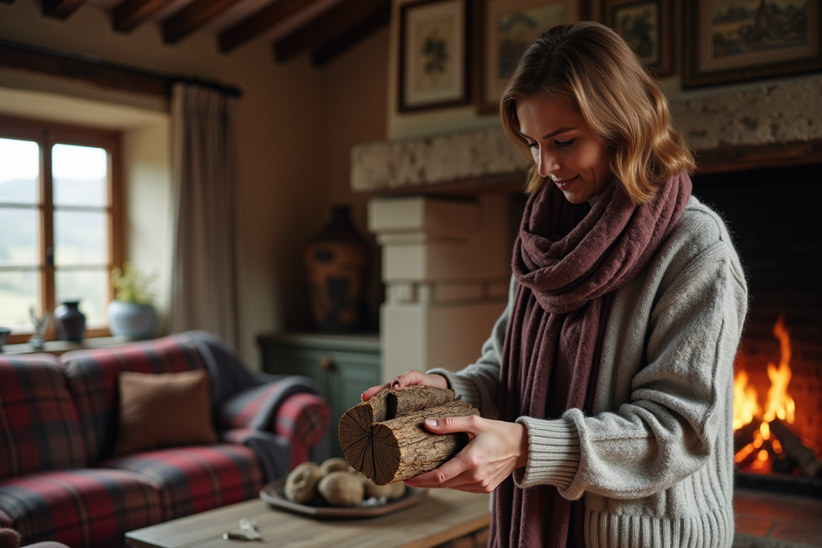 Femme d'âge moyen arrangeant du bois dans une maison normande