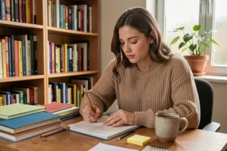 Jeune femme organisant son équipement essentiel avec une checklist manuscrite dans un bureau chaleureux