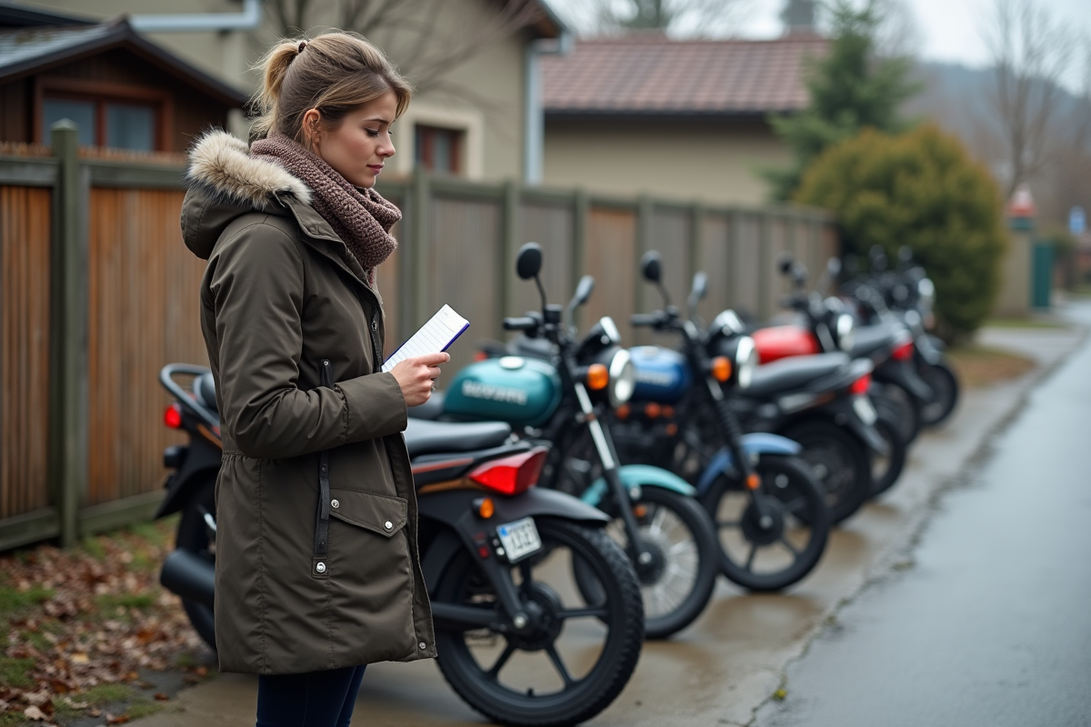 Femme regardant des motos 125cc au bord de la route