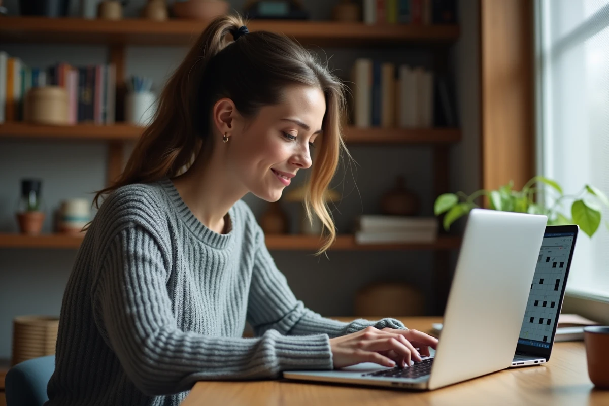 Femme concentrée résolvant un mot de passe CodyCross sur son ordinateur portable dans un bureau cosy