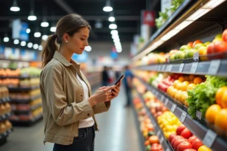 Femme comparant les prix en magasin E Leclerc avec son smartphone dans le rayon fruits et légumes