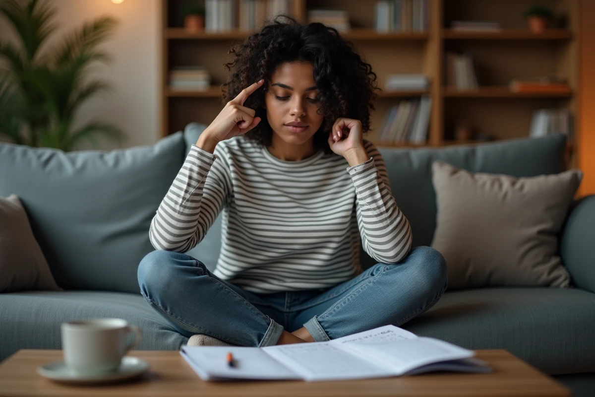 Jeune femme concentrée tenant une feuille d'énigmes logiques difficiles lors d'une soirée entre amis dans un appartement moderne