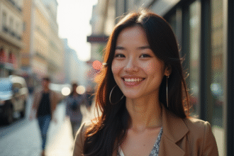 Femme confiante souriante en ville ensoleillée pour l'article