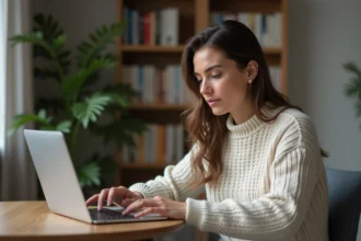 Femme concentrée sur son ordinateur dans une cuisine chaleureuse