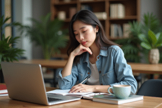 Jeune femme en coworking studieux et inspirant