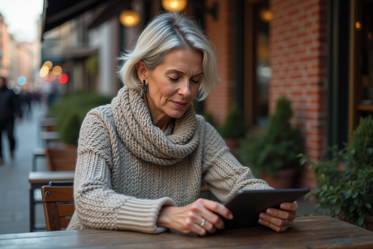 Femme assise dans un café urbain écoute de la musique avec ses écouteurs