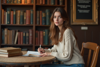 Jeune femme écrivant dans un livre dans une bibliothèque chaleureuse