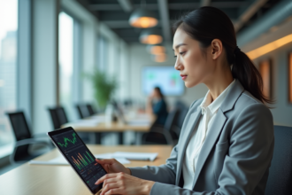 Jeune femme en costume gris utilisant une tablette pour analyser des graphiques financiers