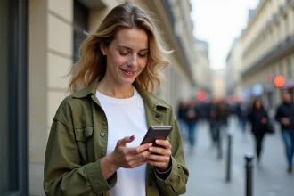 Femme consultant un forfait mobile pas cher sur son smartphone dans une rue parisienne