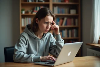 Jeune femme frustrée devant son ordinateur portable essayant d'accéder au site de lecture de manga Crunshy scan