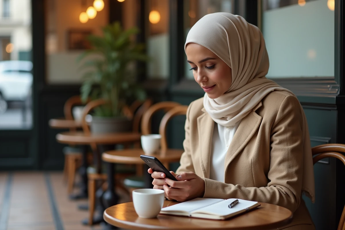 Une femme voilée consultant une application des heures de prière dans un café parisien avec son agenda de travail