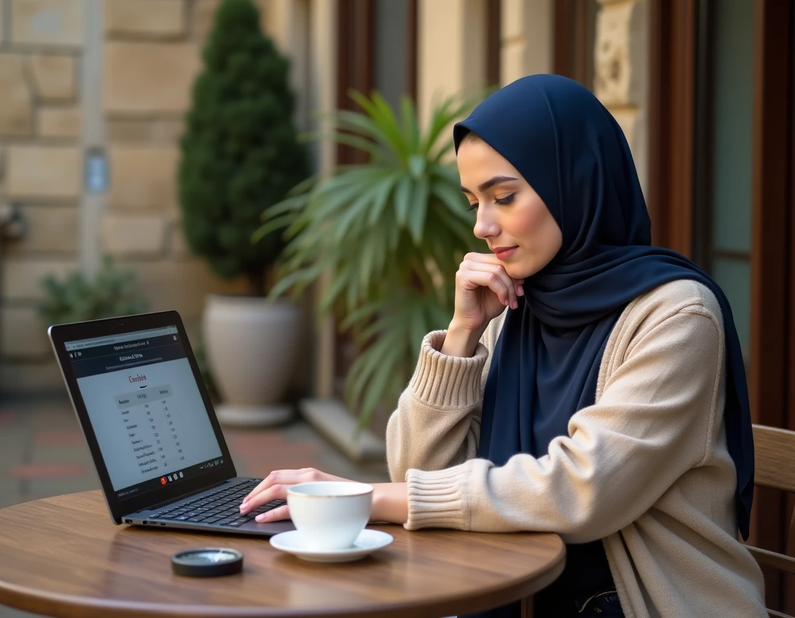 Femme musulmane consultant les horaires de prière solaire sur un ordinateur dans un café de Bordeaux
