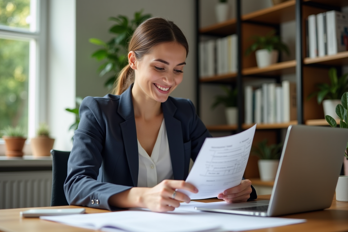 Femme souriante examinant documents immobiliers dans un bureau lumineux
