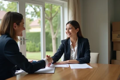 Femme d'affaires signant des documents immobiliers dans une maison moderne