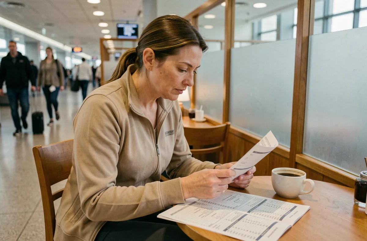 Femme voyageuse vérifiant son itinéraire et les horaires de vol vers Madagascar dans un salon d'aéroport