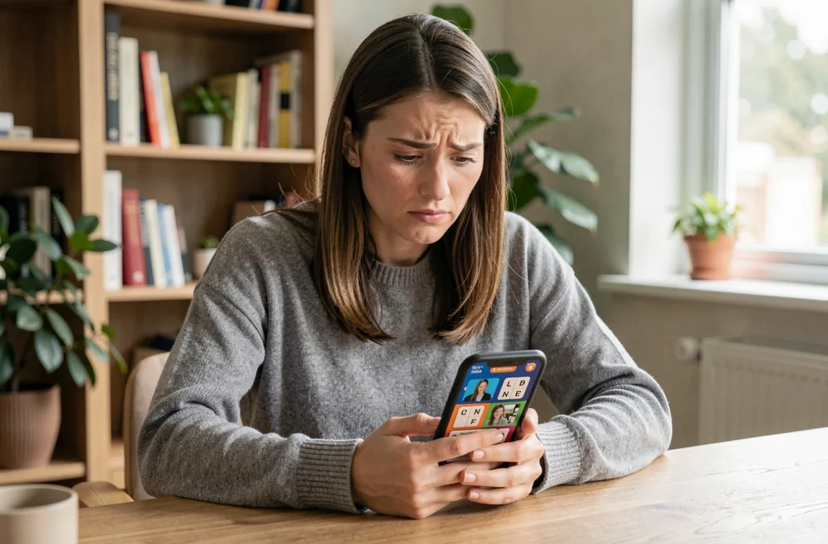 Femme jouant à 4 Images 1 Mot sur smartphone avec puzzle de 9 lettres affiché à l'écran