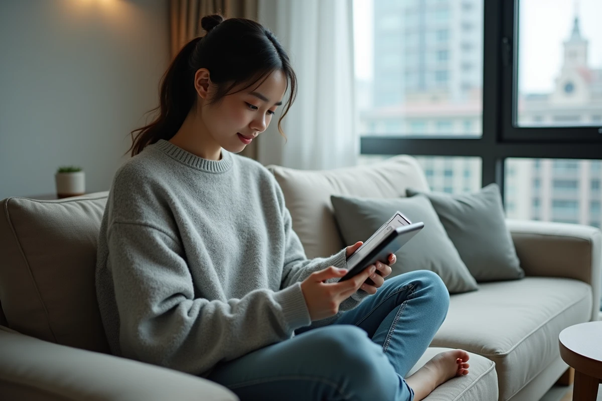Jeune femme lisant des scans de manga sur une tablette installée confortablement dans un salon moderne