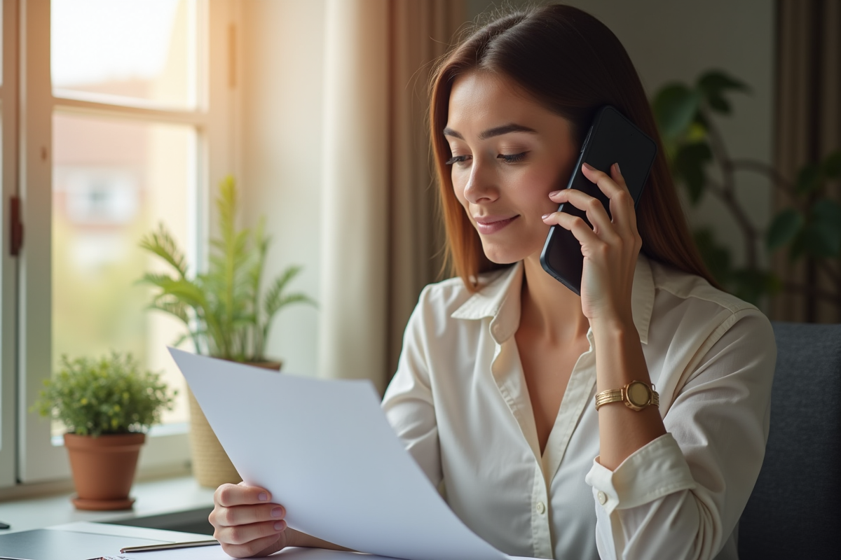 Femme à la maison lisant des documents au téléphone dans la lumière du matin