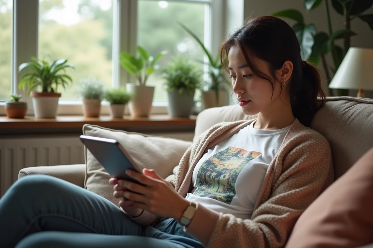 Femme détendue lisant manga sur sa tablette dans le salon