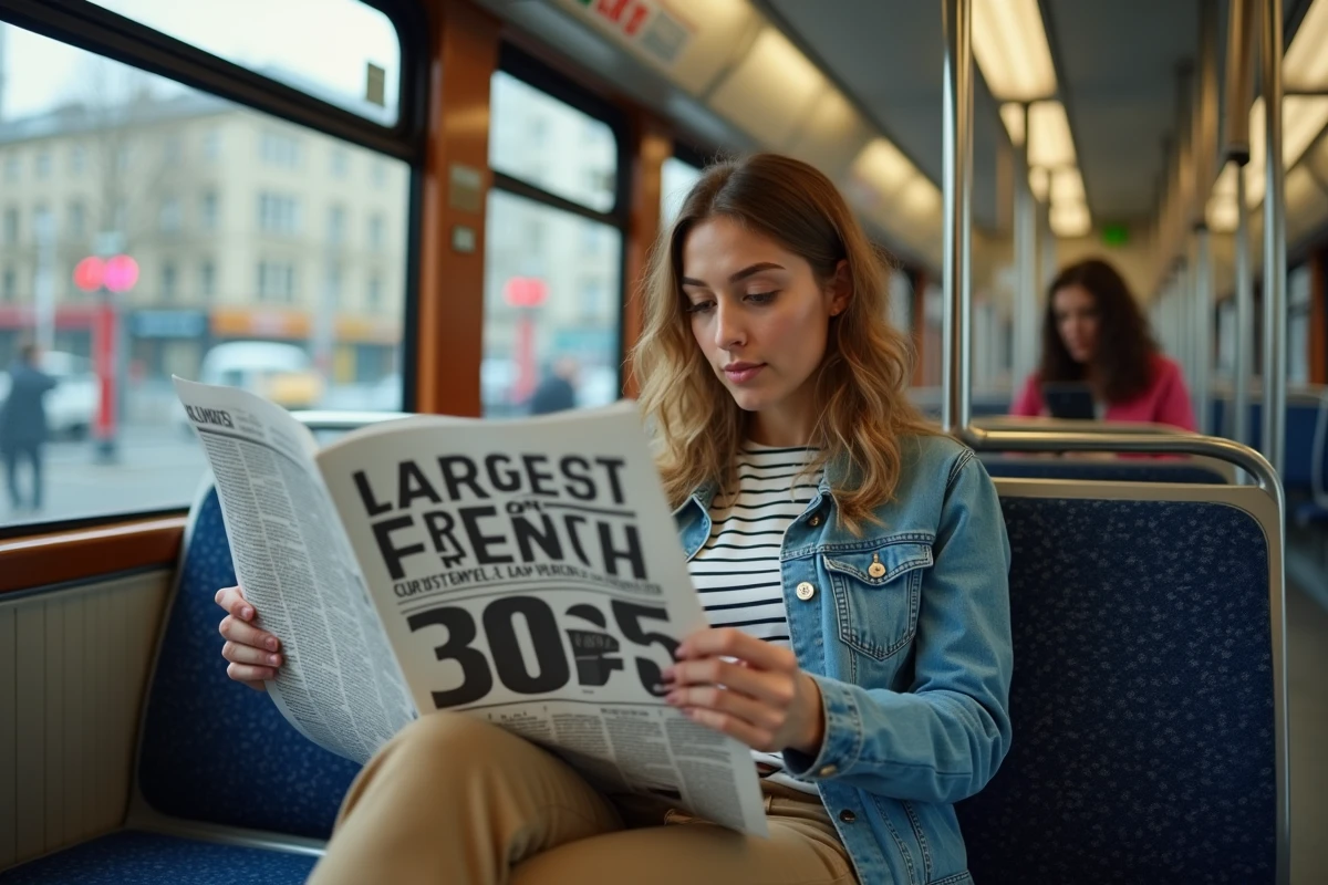 Jeune femme lisant un journal dans un tram urbain