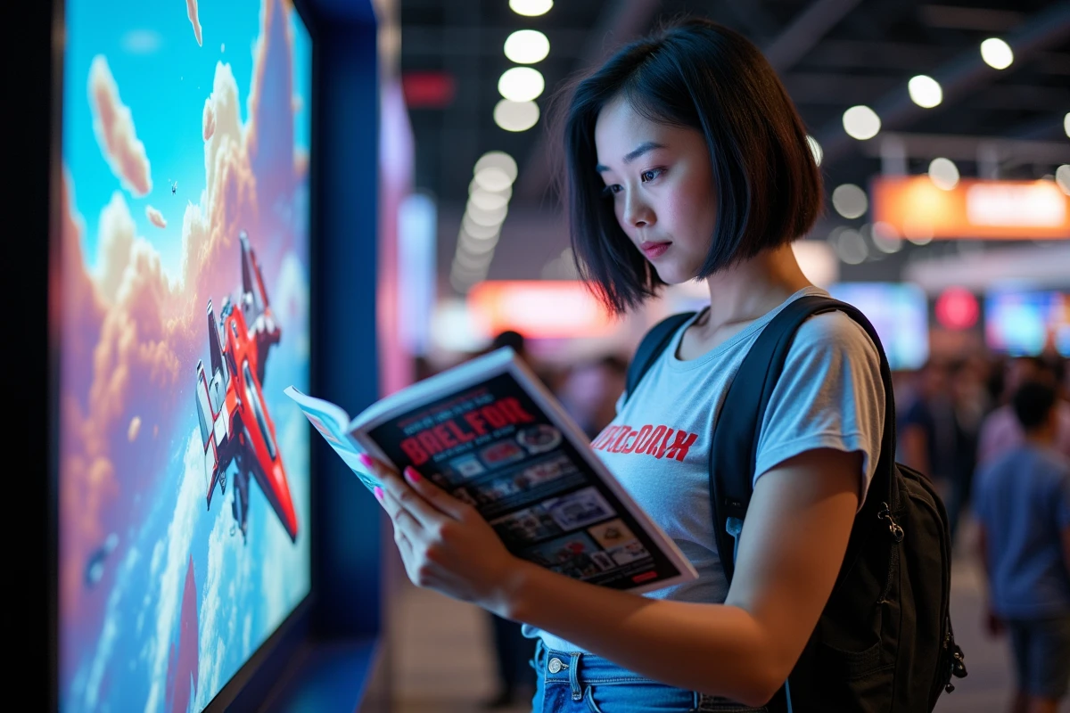 Femme tenant un magazine rétro devant un panneau Star Fox Arwing lors d'une exposition de jeux vidéo