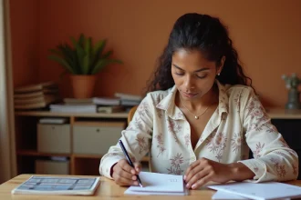 Femme mauricienne écrivant un code postal sur une enveloppe dans un bureau à domicile