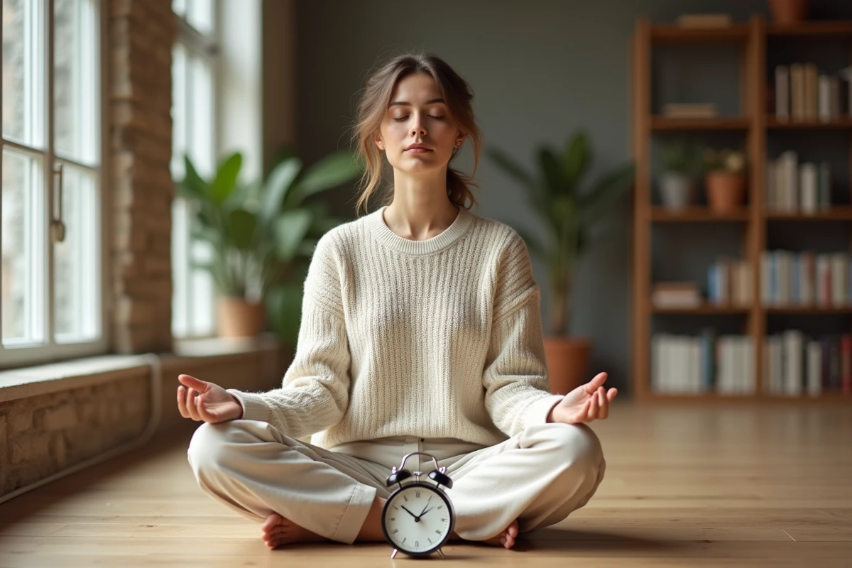Jeune femme en méditation devant une horloge affichant 10h10, symbolisant la connexion spirituelle de la flamme jumelle