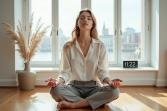 Femme méditant devant une horloge affichant 11h22, symbolisant le message de l'ange gardien et la numérologie spirituelle