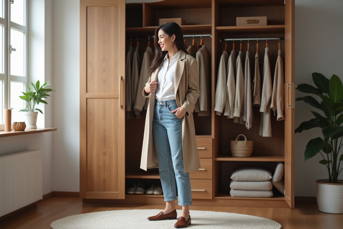 Femme élégante en tenue décontractée dans une chambre moderne