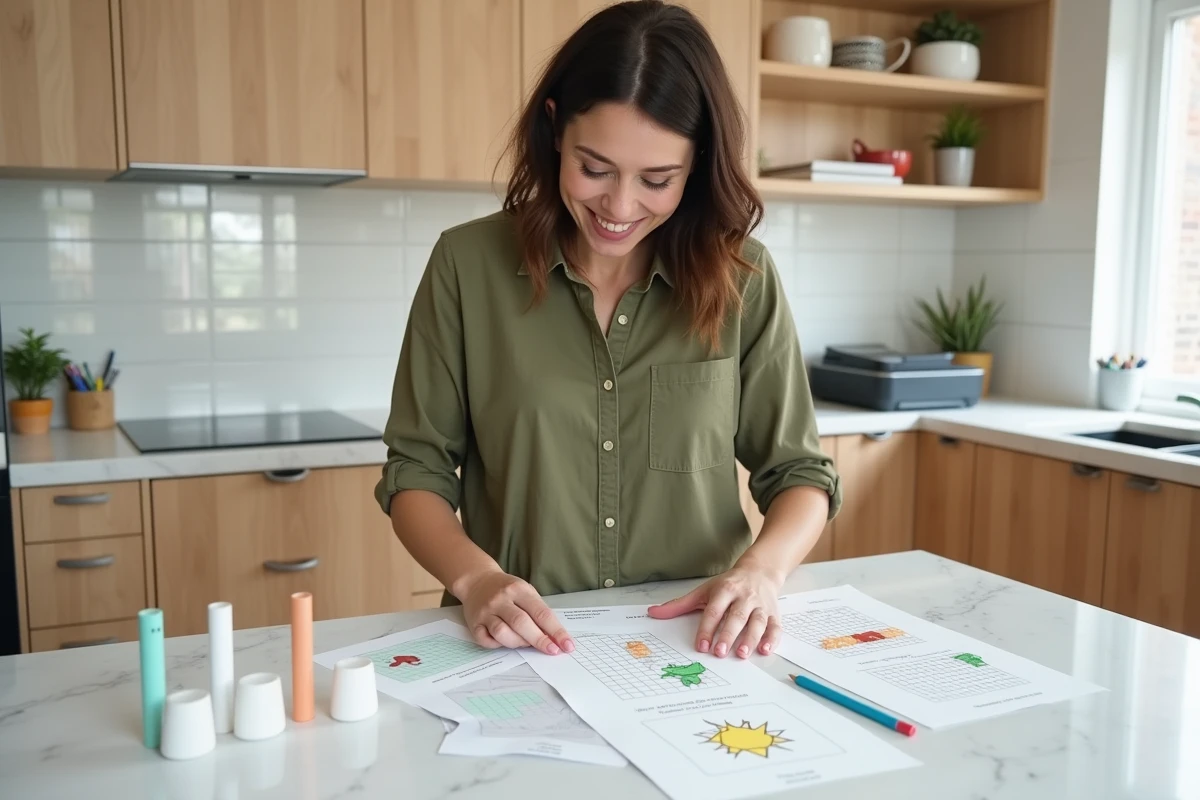 Femme adulte organisant des modèles pixel art imprimés pour enfants sur un comptoir de cuisine moderne