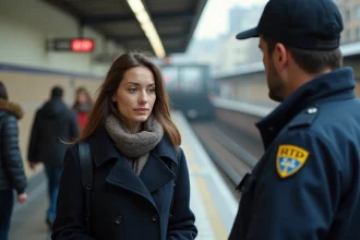 Femme parlant calmement à un inspecteur RATP dans le métro parisien