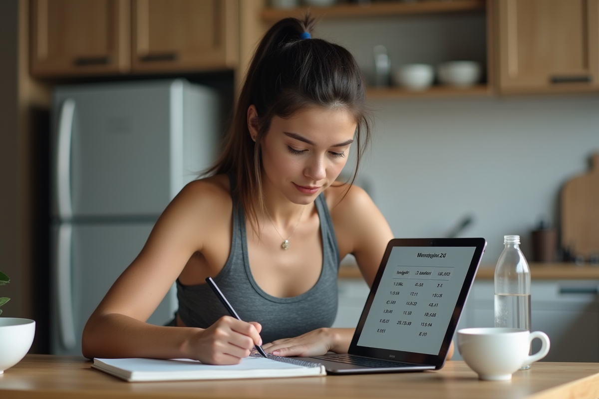 Jeune femme écrivant notes avec tablette dans la cuisine