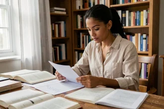 Jeune femme d'origine nord-africaine consultant des documents de recherche sur une biographie dans un bureau chaleureux rempli de livres