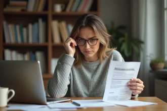 Femme consultant un billet de transport et cherchant un remboursement sur un ordinateur portable